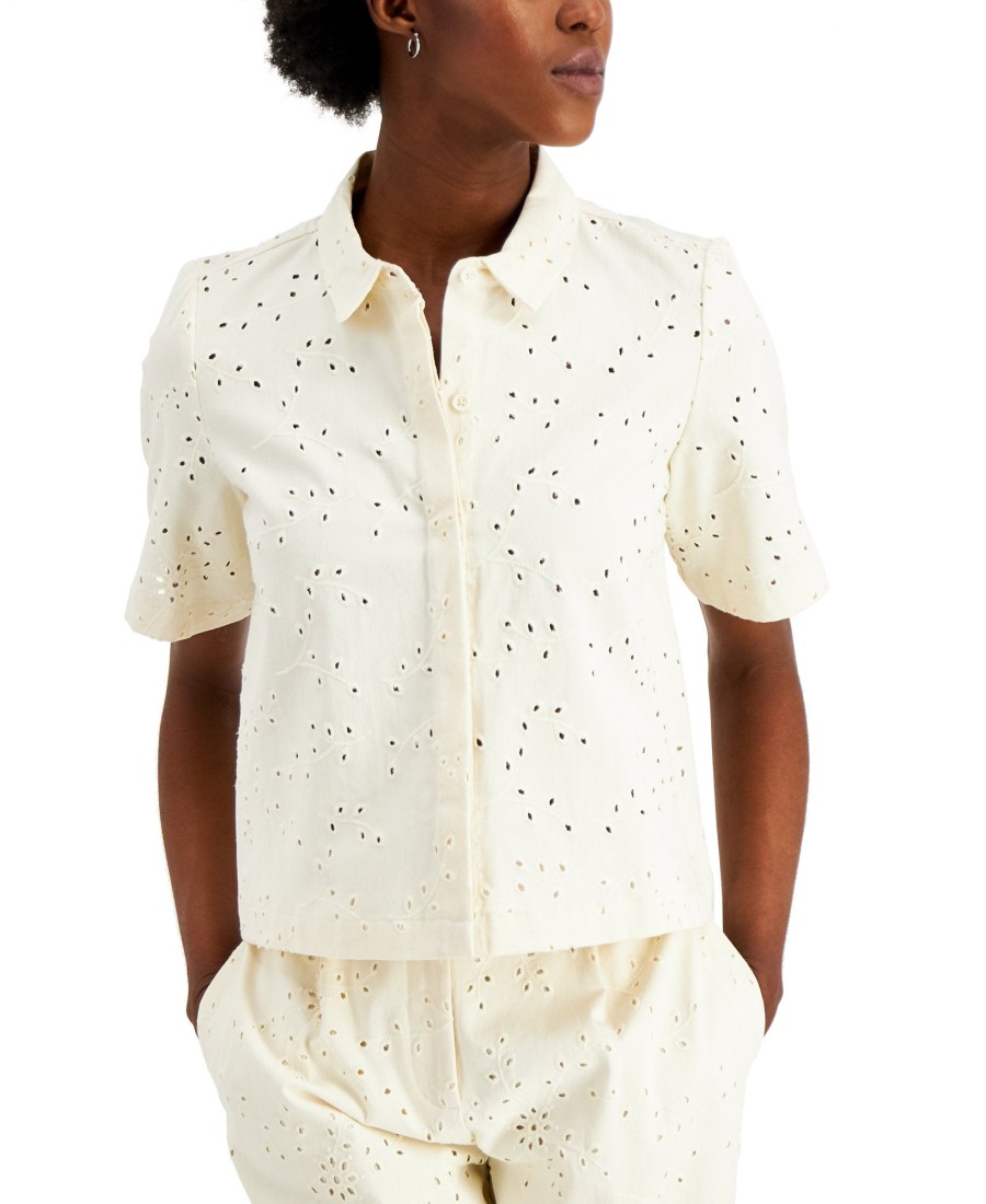 Juniors' Alfani | Petite Cotton Eyelet Top Antique White