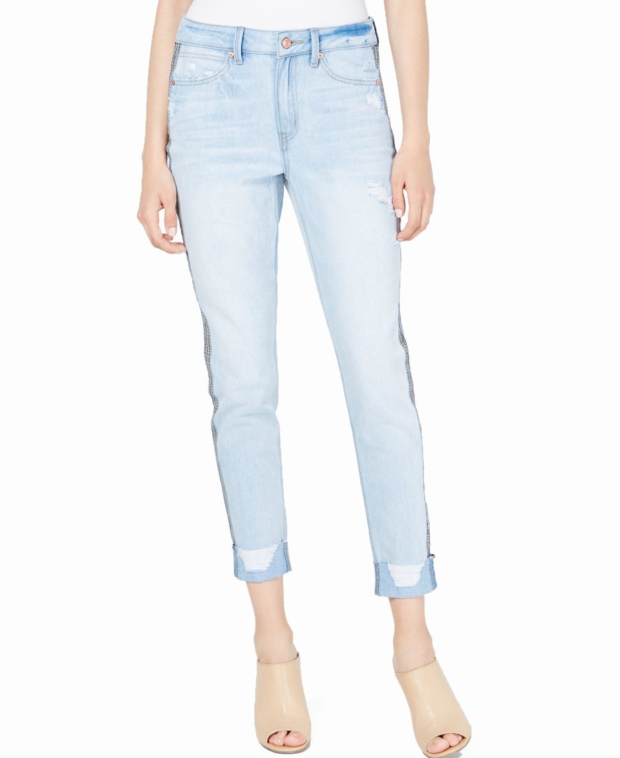 Juniors' Rewash | Juniors' Ripped Herringbone-Contrast Skinny Jeans Dark Indigo