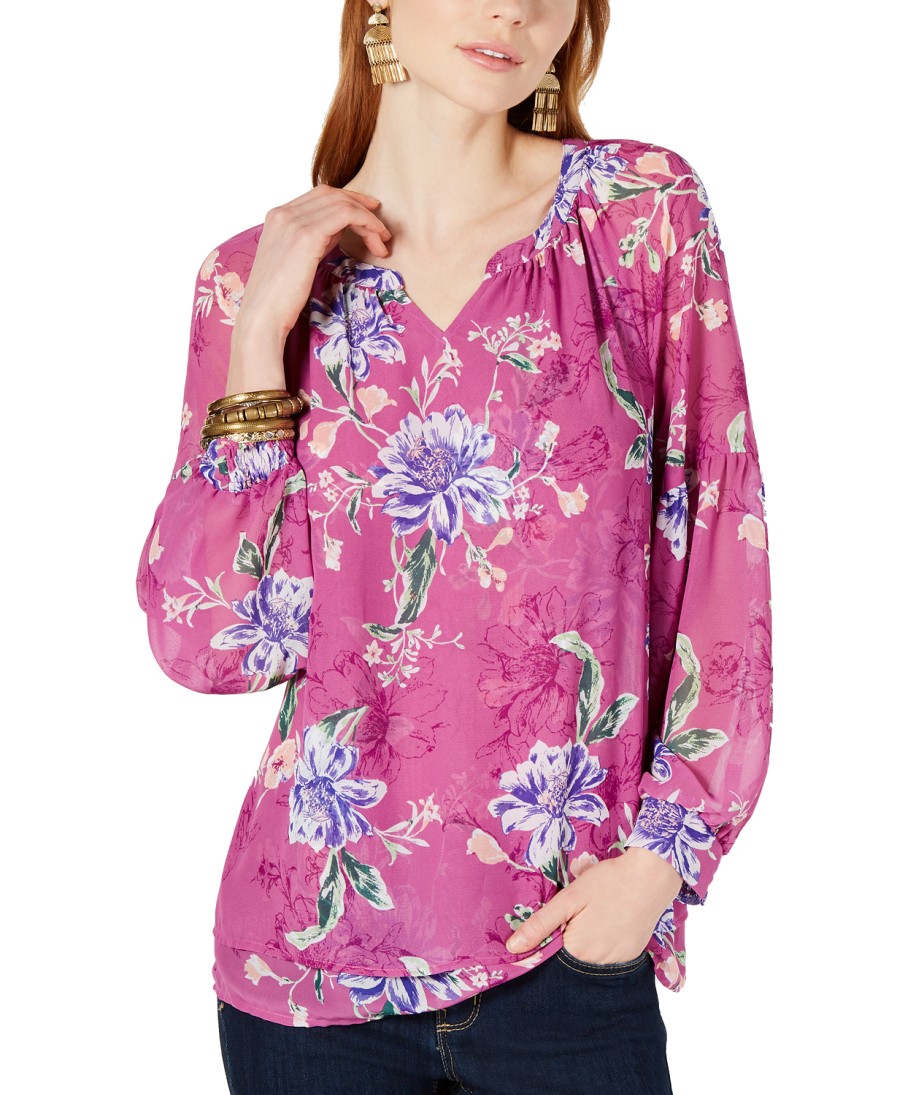 Women'S Style & Co | Floral-Print Split-Neck Top Floating Medley