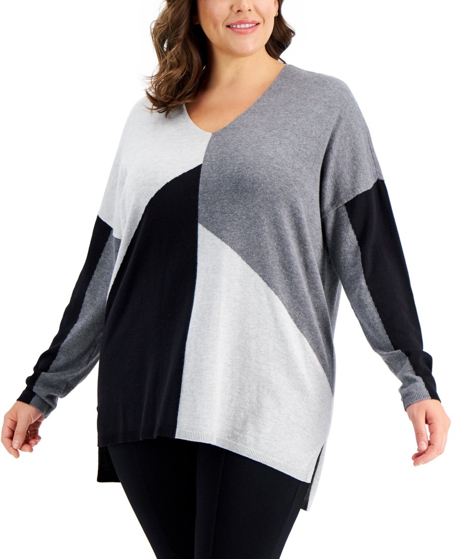 Women'S INC International Concepts | Print V-Neck Step-Hem Sweater Grey Combo