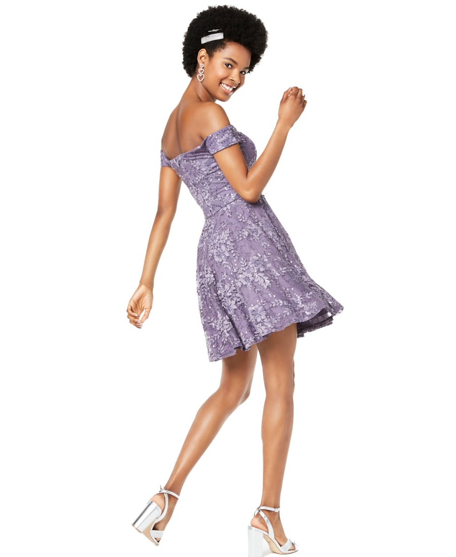 Juniors' City Studios | Juniors' Off-The-Shoulder Lace Fit & Flare Dress Lilac