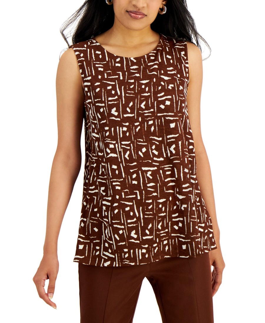 Juniors' Alfani | Geometric-Print Textured Sleeveless Top Brown Exotic Geometric