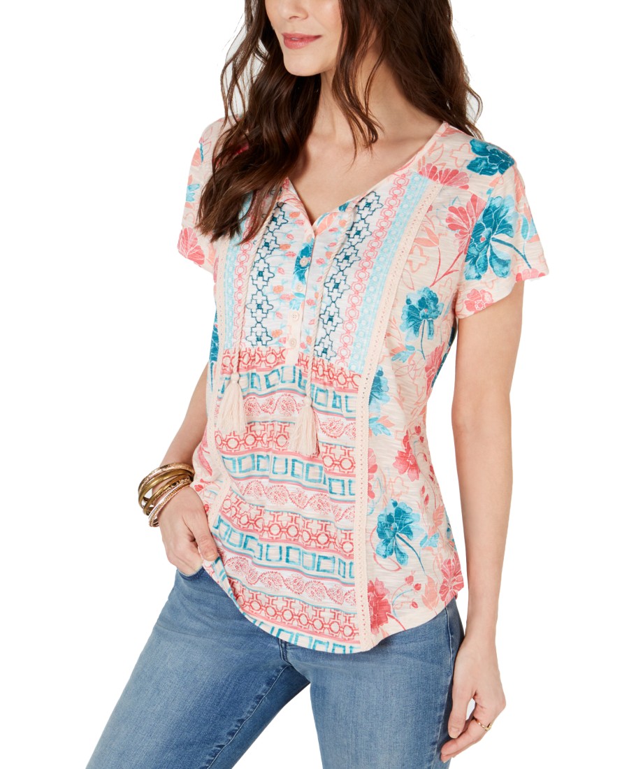 Women'S Style & Co | Mixed-Print Crochet-Trim Peasant Top Garden Bliss