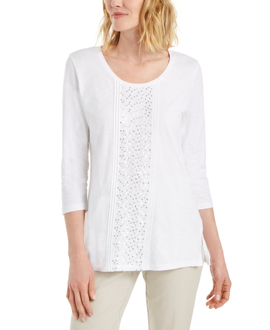 Women'S JM Collection | Sequined Scoop-Neck Top Bright White