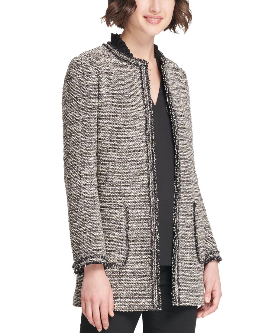 Women'S DKNY | Tweed Long Open-Front Jacket Black Multi