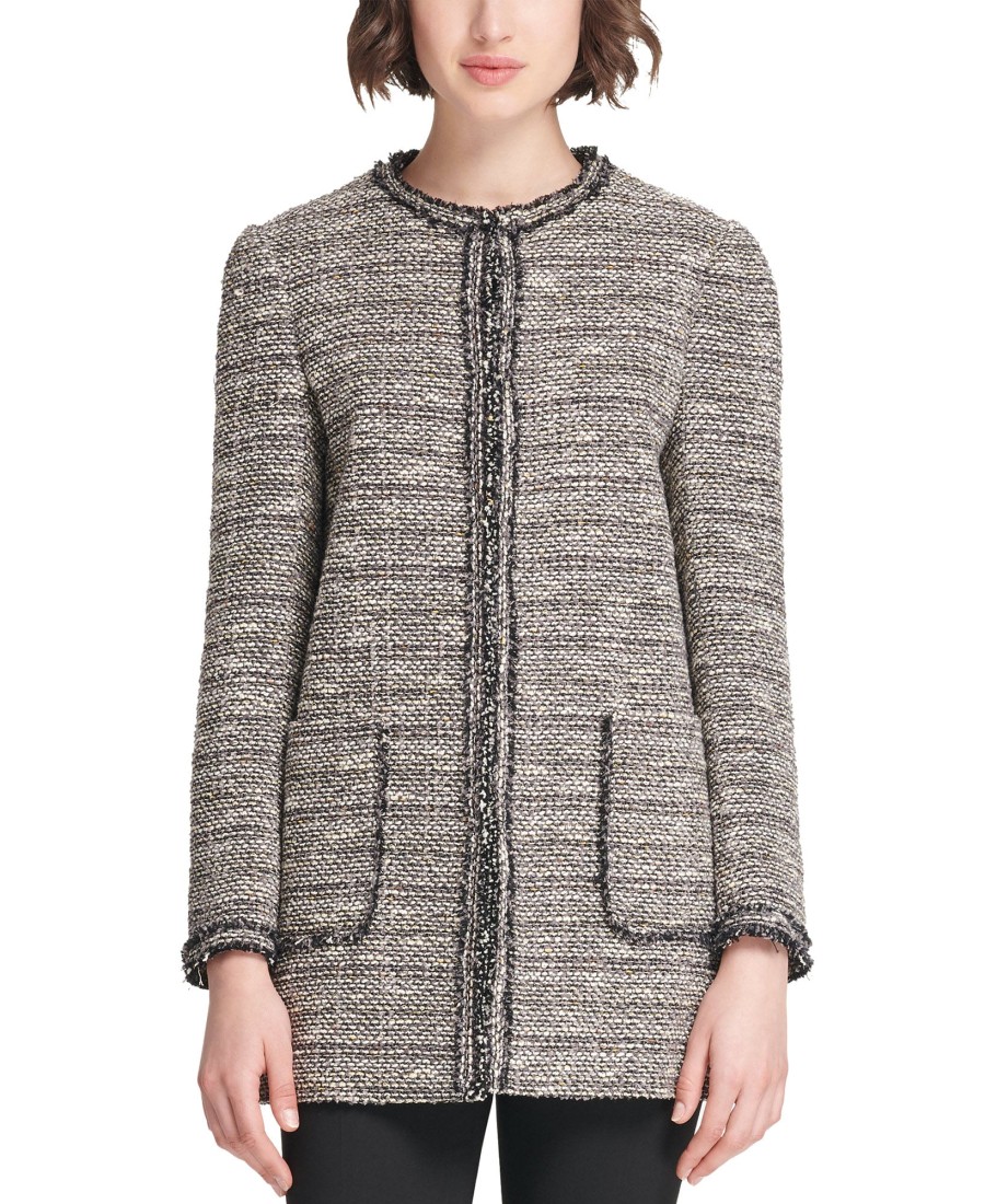 Women'S DKNY | Tweed Long Open-Front Jacket Black Multi