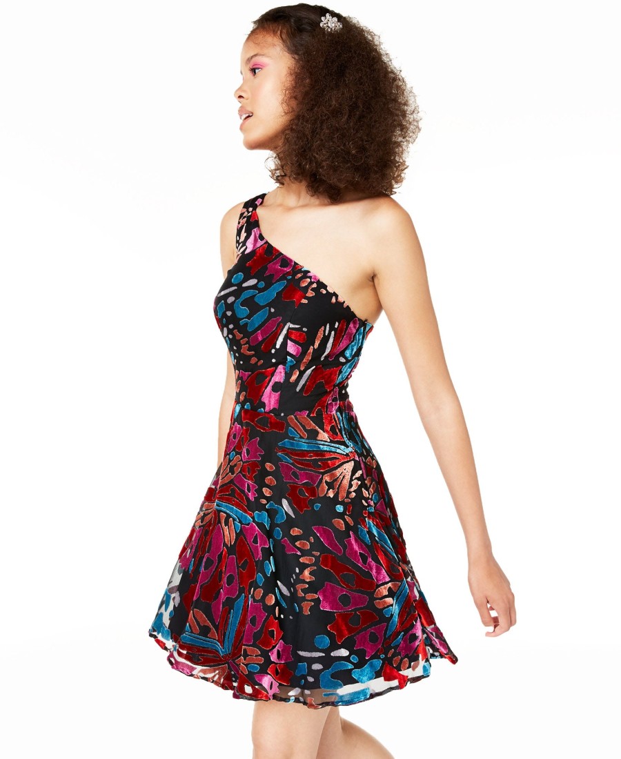 Women'S City Studio | Juniors' One-Shoulder Skater Dress Black Multi Combo