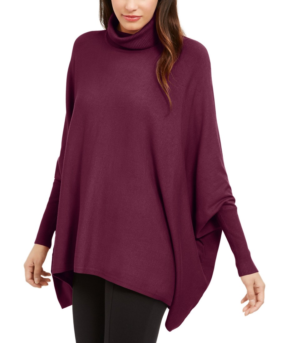 Juniors' Alfani | Petite Turtleneck Poncho Sweater Malbec