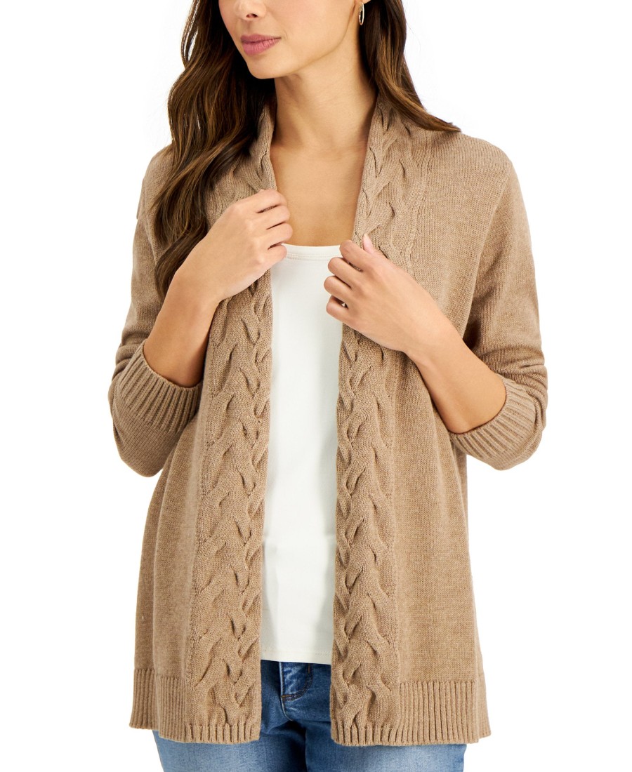 Women'S Karen Scott | Cotton Cable-Knit Trim Open Cardigan