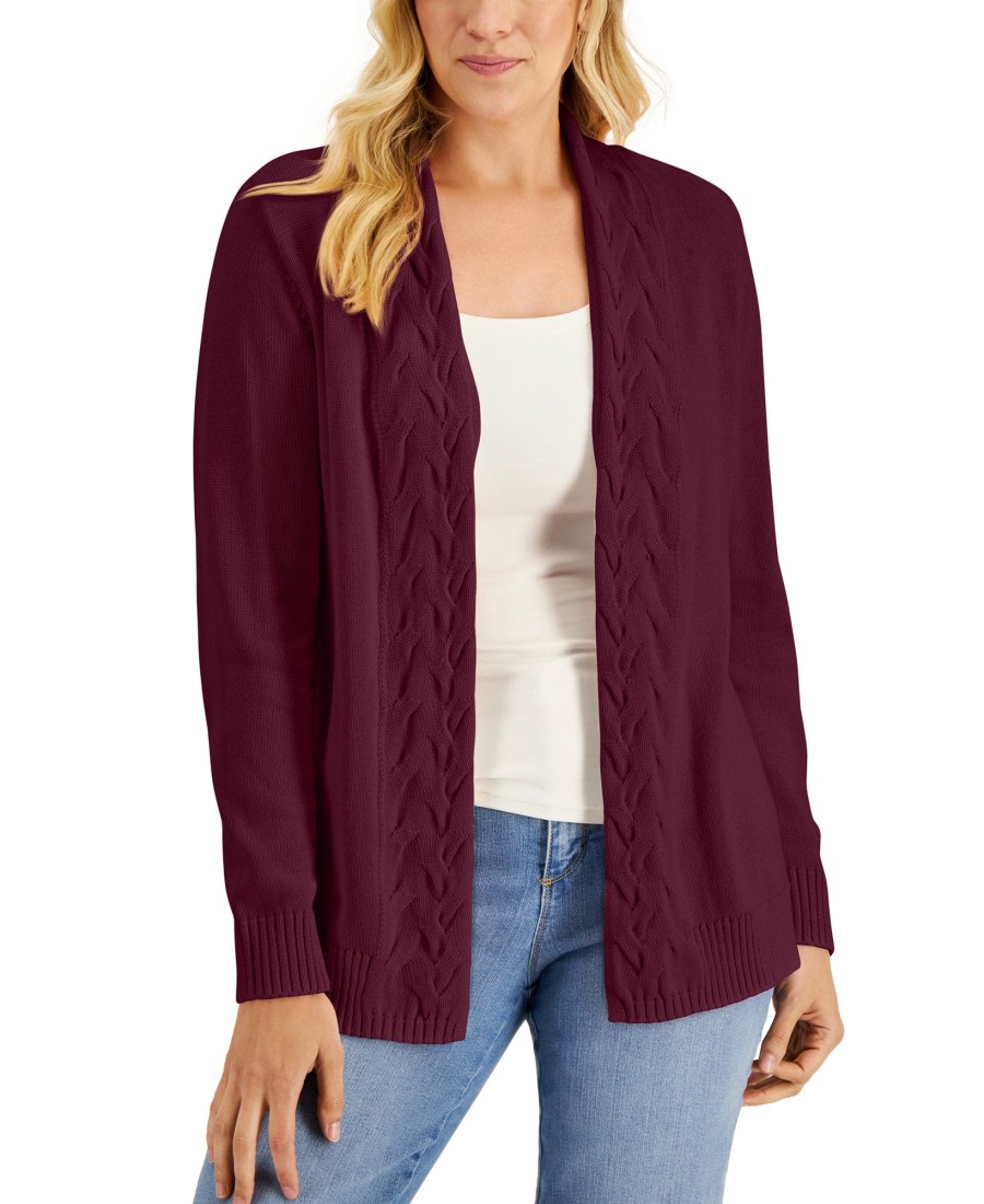 Women'S Karen Scott | Cotton Cable-Knit Trim Open Cardigan