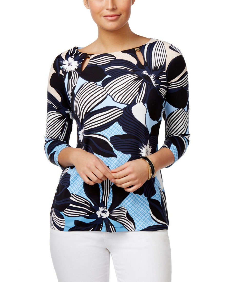 Women'S Charter Club | Floral-Print Boat-Neck Top SmoBest Sky Combo