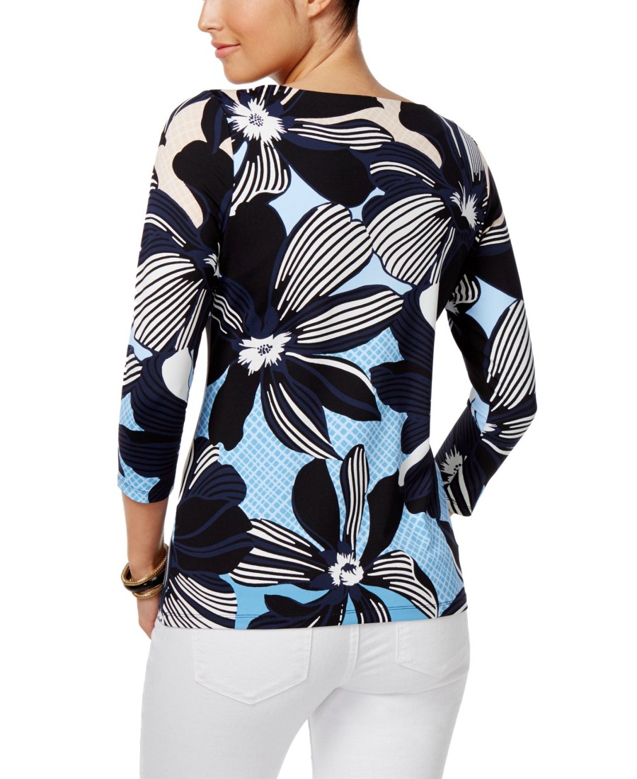 Women'S Charter Club | Floral-Print Boat-Neck Top SmoBest Sky Combo