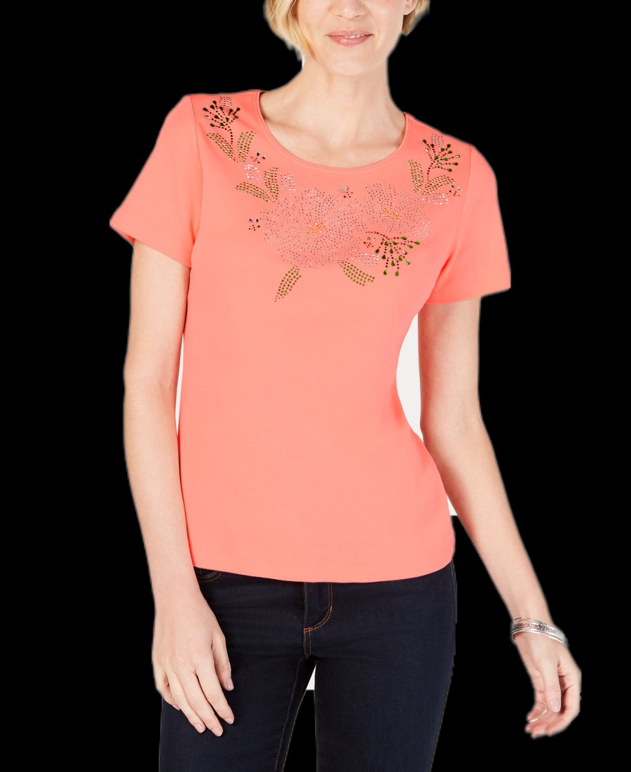 Women'S Karen Scott | Petite Studded T-Shirt Coral Lining