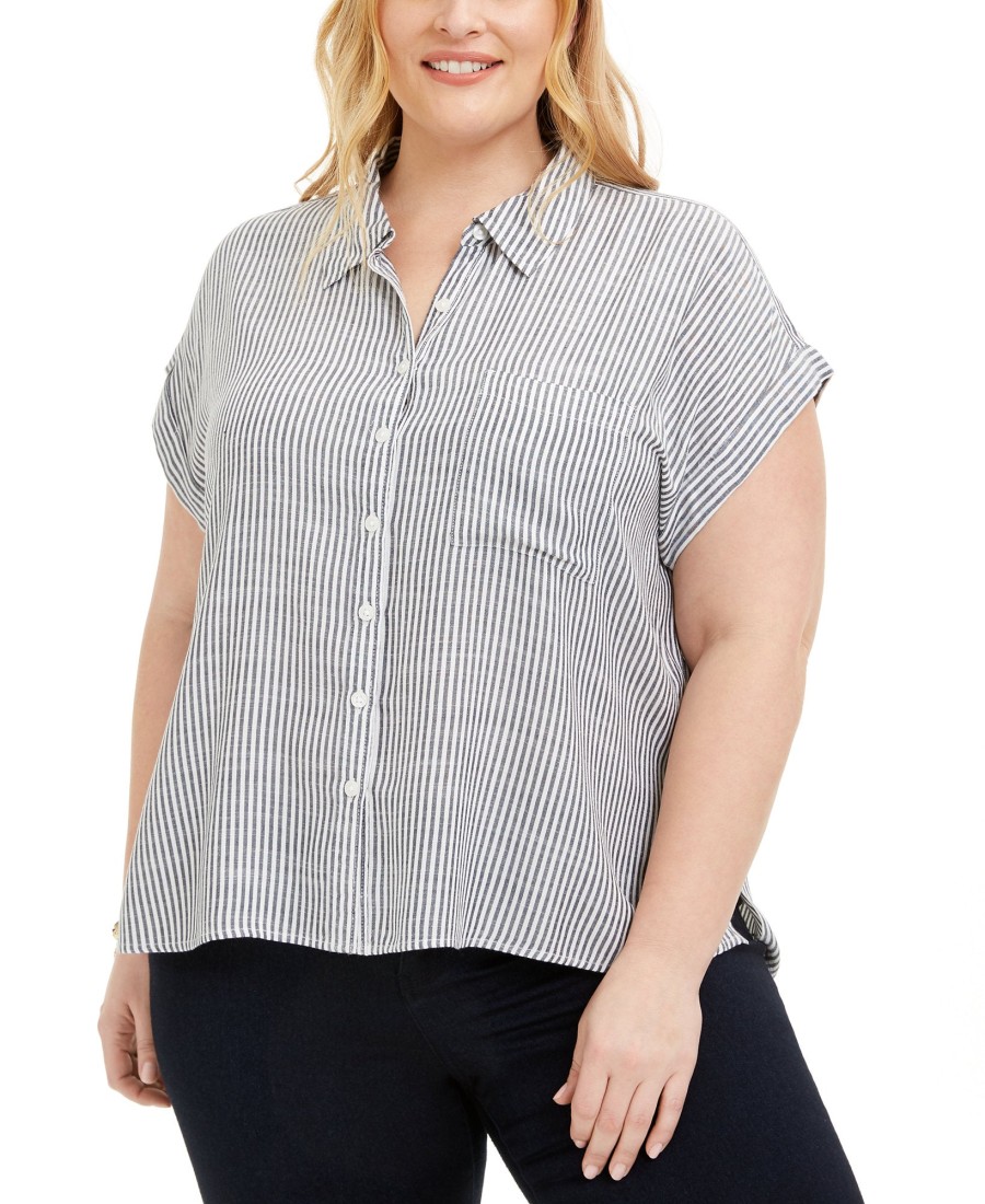 Women'S Style & Co | Plus Striped Camp Shirt Blue Feeder Stripe