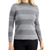 Women'S Karen Scott | Claire Cotton Striped Ribbed Mock-Neck Sweater Smoke Grey Heather