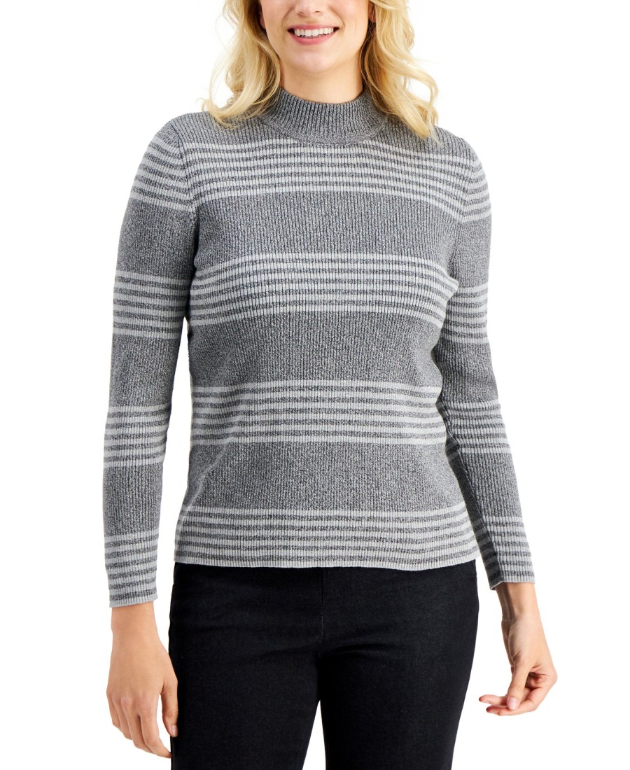 Women'S Karen Scott | Claire Cotton Striped Ribbed Mock-Neck Sweater Smoke Grey Heather