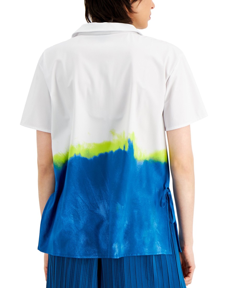 Women'S Alfani | Printed V-Neck Collared Top Blue Sublime Dye