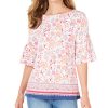 Women'S Charter Club | Printed Bell-Sleeve Top Bright White Combo