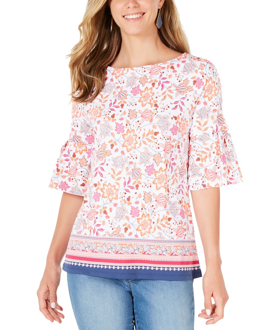 Women'S Charter Club | Printed Bell-Sleeve Top Bright White Combo