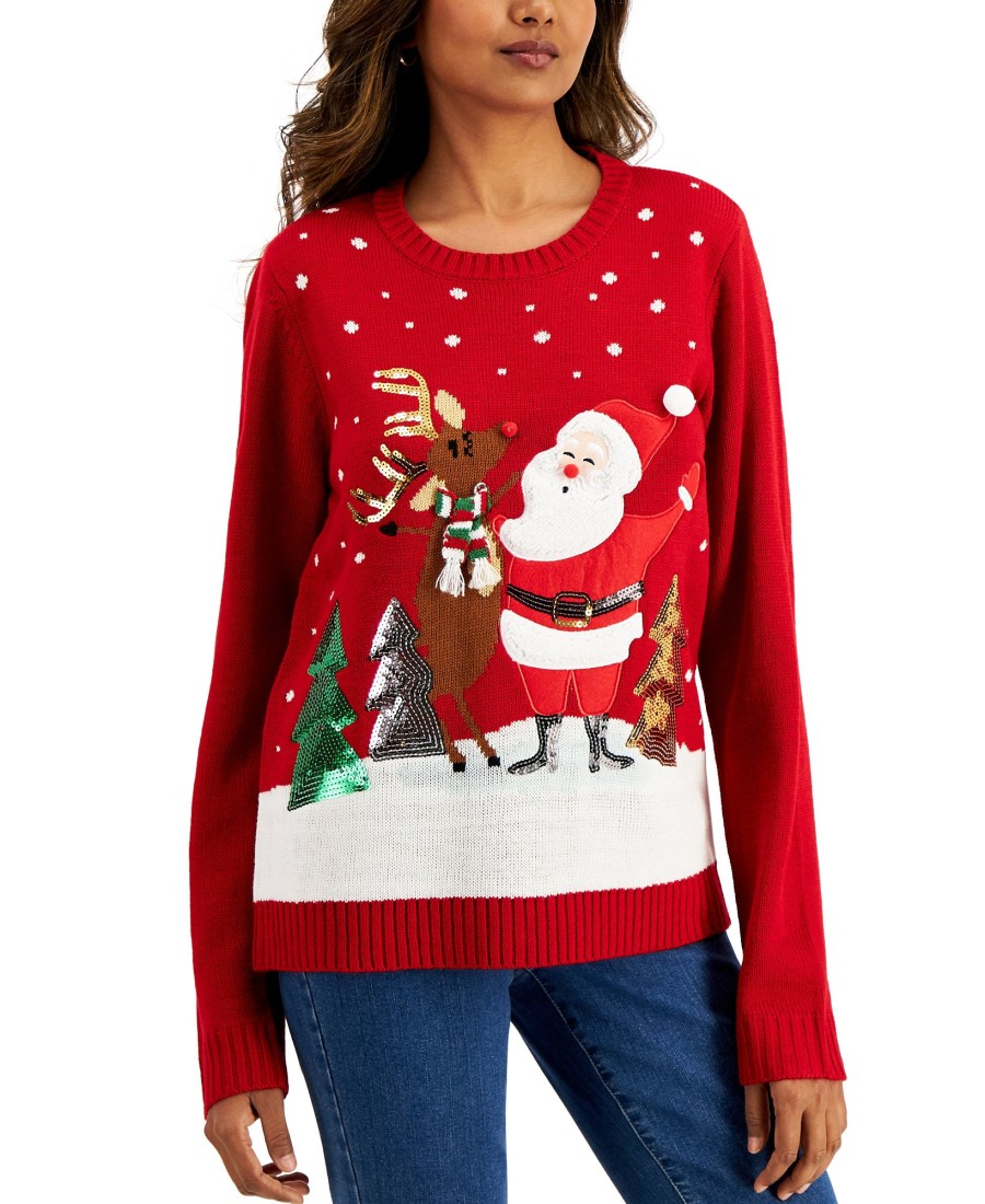 Women'S Karen Scott | Embellished Singing Santa Sweater