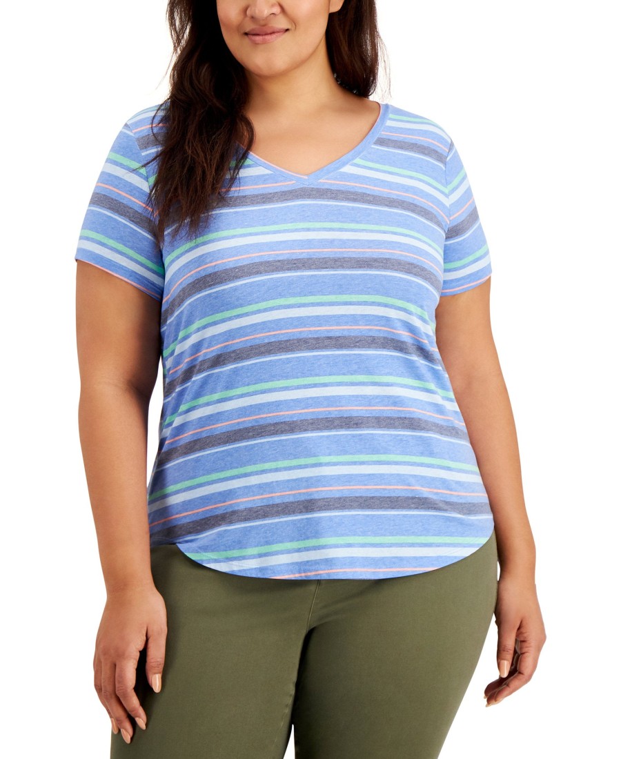 Women'S Style & Co | Plus Burnout Printed V-Neck Top Stripe Sonic