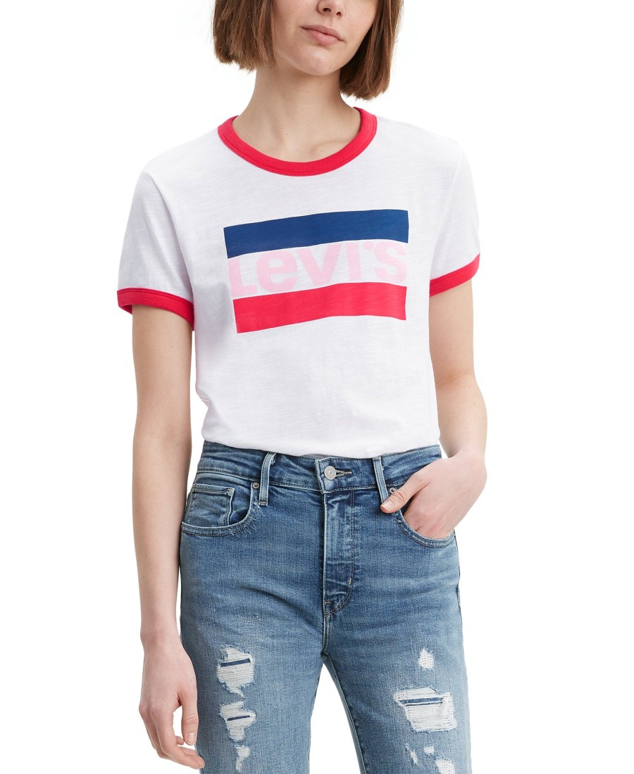 Women'S Levi's | Cotton Logo Ringer T-Shirt White/Brilliant Red