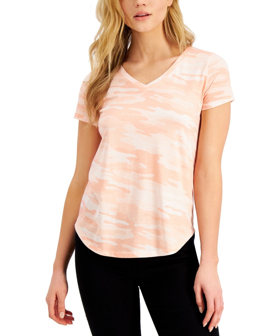 Women'S Style & Co | Washed Camo-Print T-Shirt Pink Oc Camo