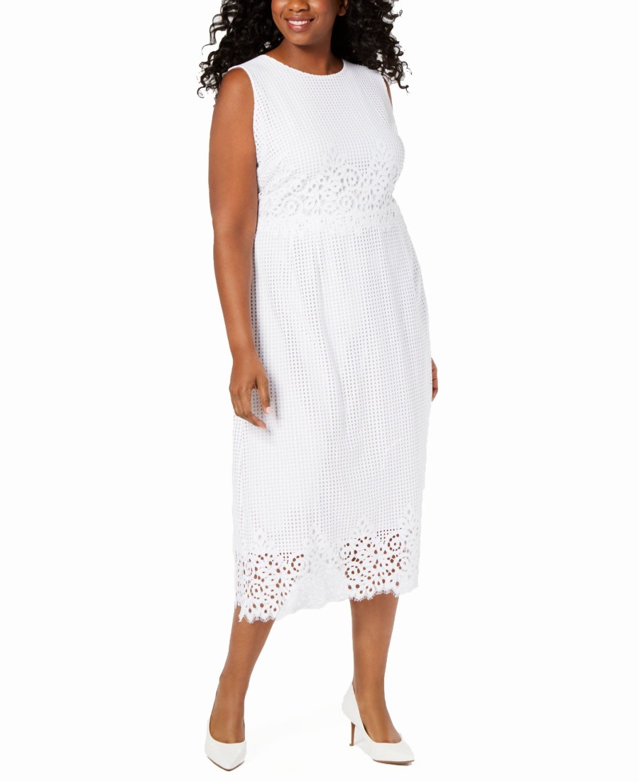 Juniors' Alfani | Plus Geo-Lace Midi Dress Bright White