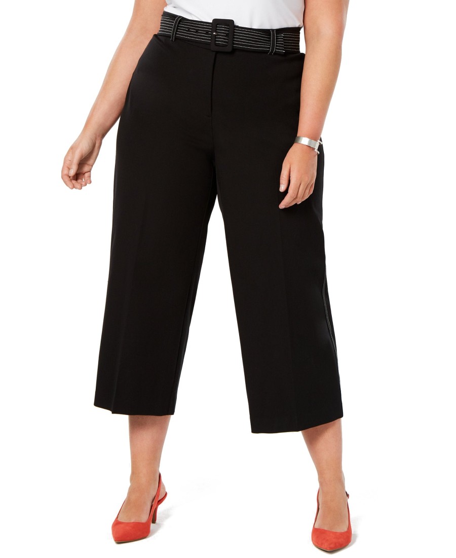 Juniors' Alfani | Plus Belted Wide-Leg Cropped Tummy-Control Pants Deep Black