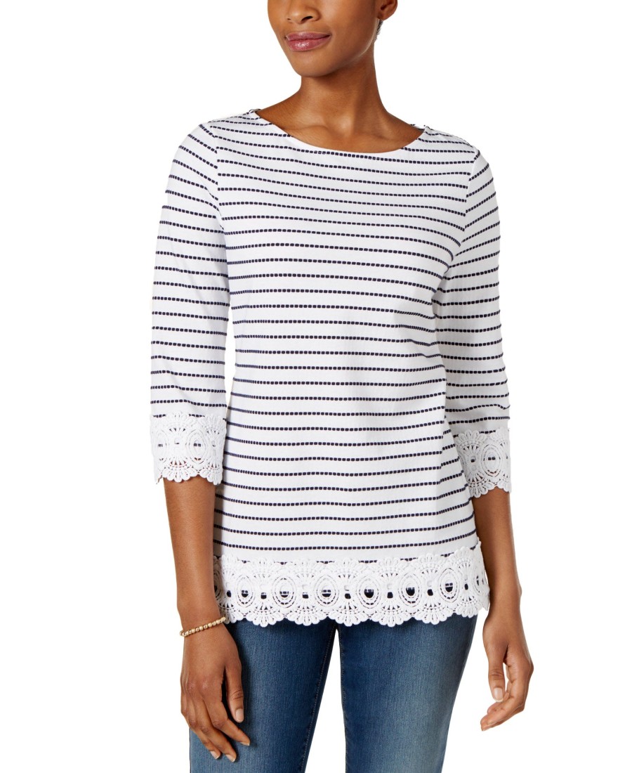 Women'S Charter Club | Cotton Striped Crochet-Trim Tunic Bright White Combo