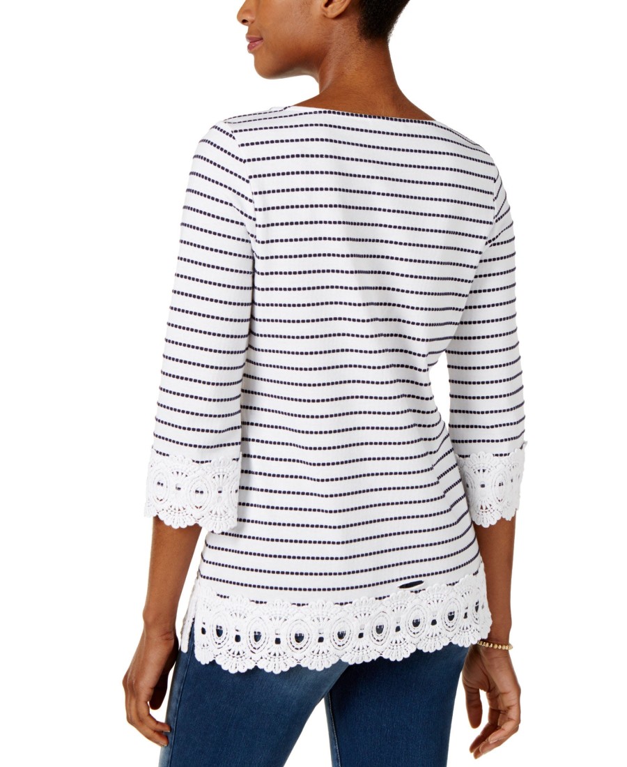 Women'S Charter Club | Cotton Striped Crochet-Trim Tunic Bright White Combo