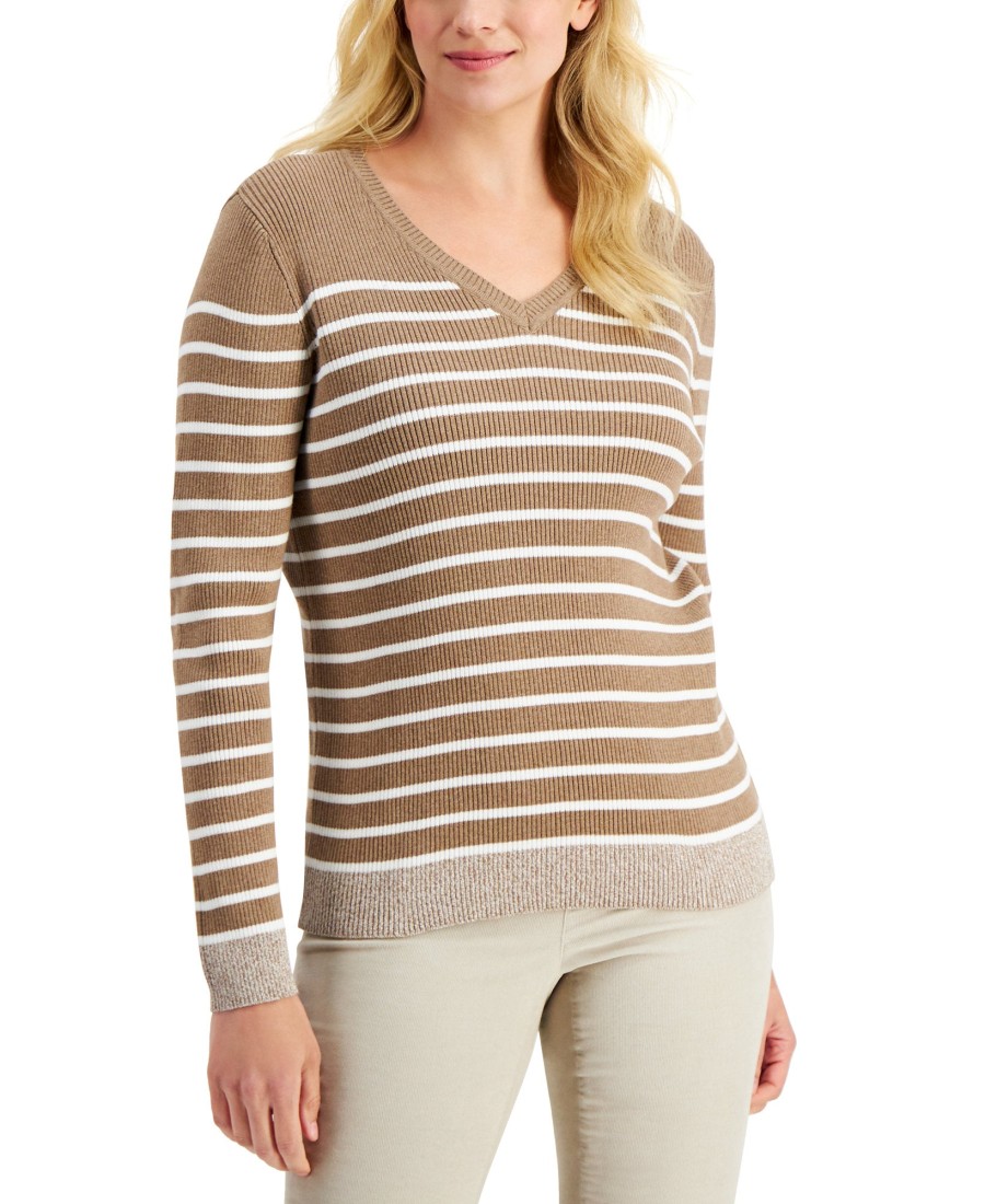 Women'S Karen Scott | Jenny Striped Rib V-Neck Sweater Chestnut Heather