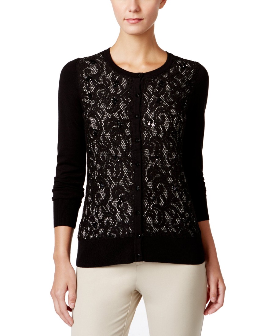 Women'S Charter Club | Sequined Lace Cardigan Deep Black Combo