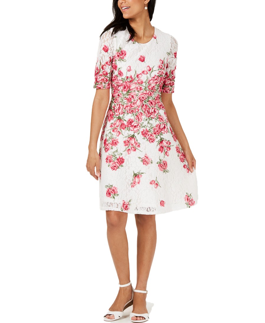 Women'S Charter Club | Floral-Print Lace Dress Cloud Combo