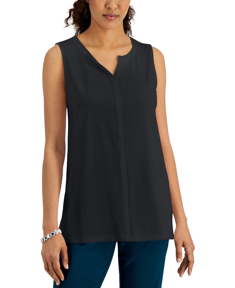 Women'S Karen Scott | Split-Neck Sleeveless Tunic Deep Black