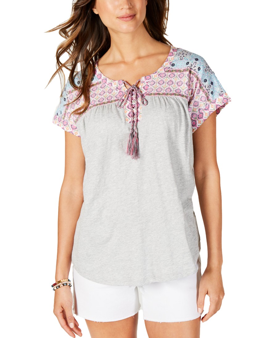 Women'S Style & Co | Lace-Up Peasant Top Summer Border