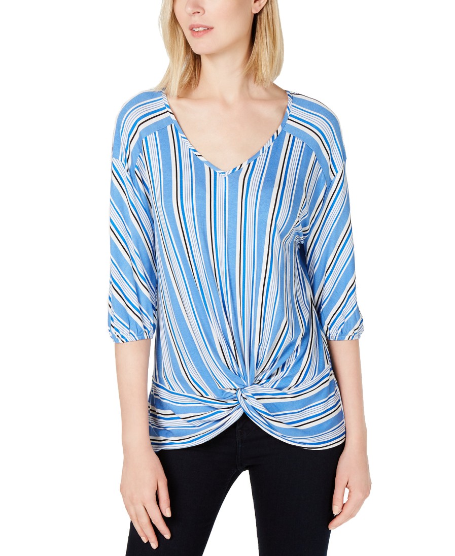 Women'S NY Collection | Petite Striped Twist-Front Top Blue Funstripe