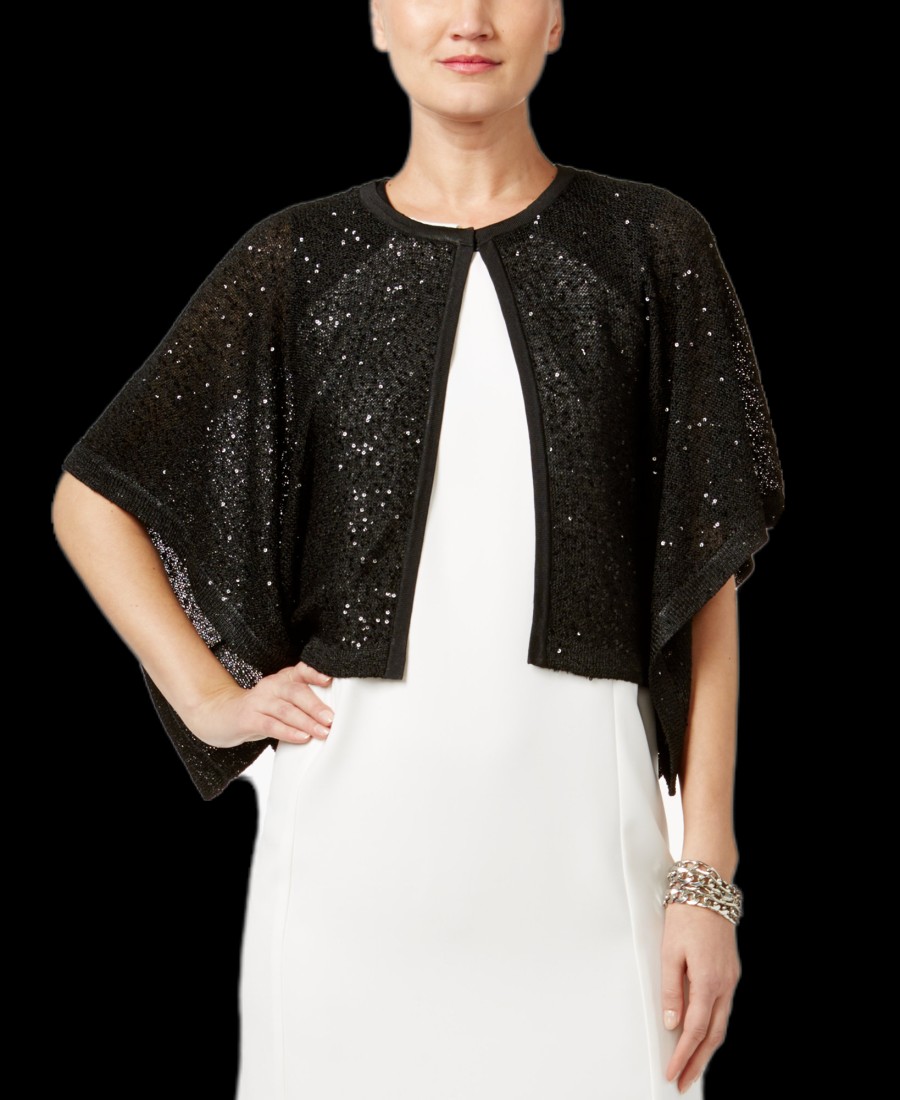 Juniors' Alfani | Sequined Flyaway Cape Cardigan Deep Black