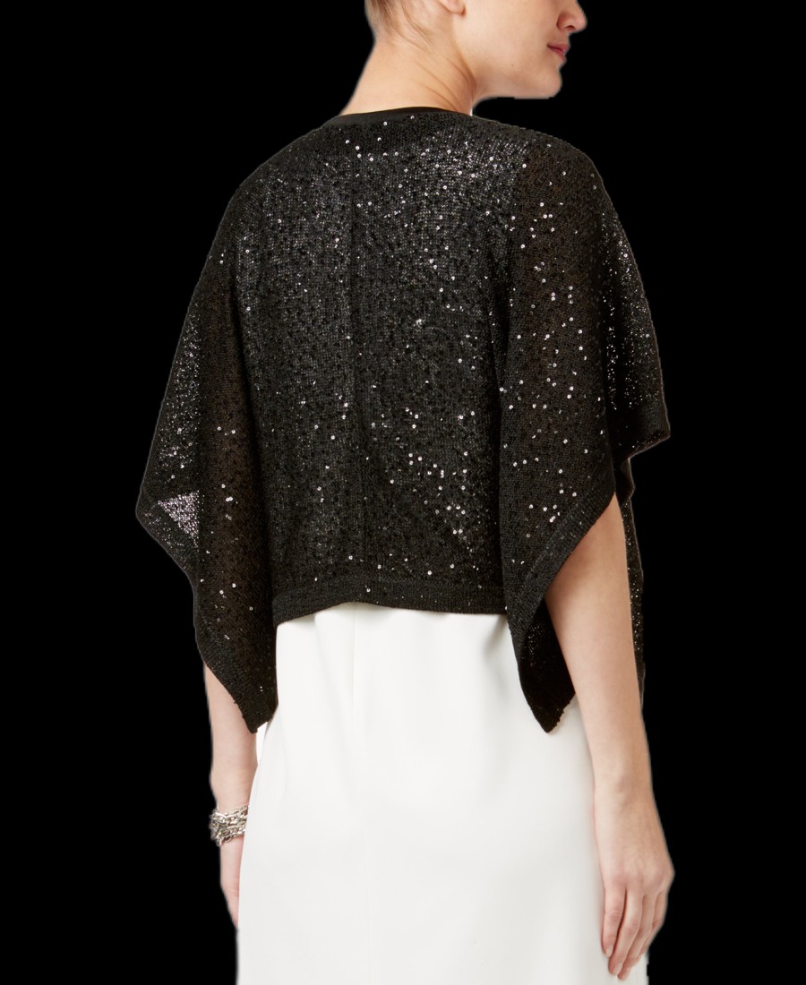 Juniors' Alfani | Sequined Flyaway Cape Cardigan Deep Black