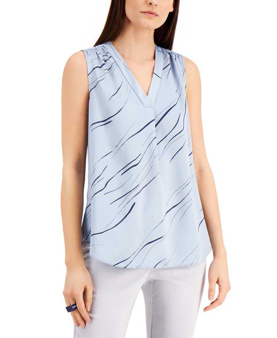 Juniors' Alfani | Printed Satin V-Neck Tank Top Black Linear Breeze