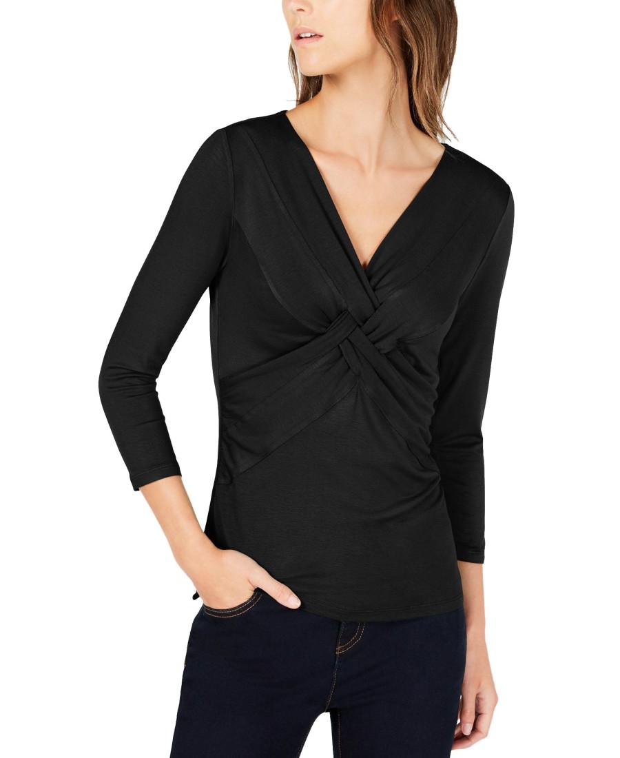 Women'S INC International Concepts | Petite Twist-Front 3/4-Sleeve Top Deep Black