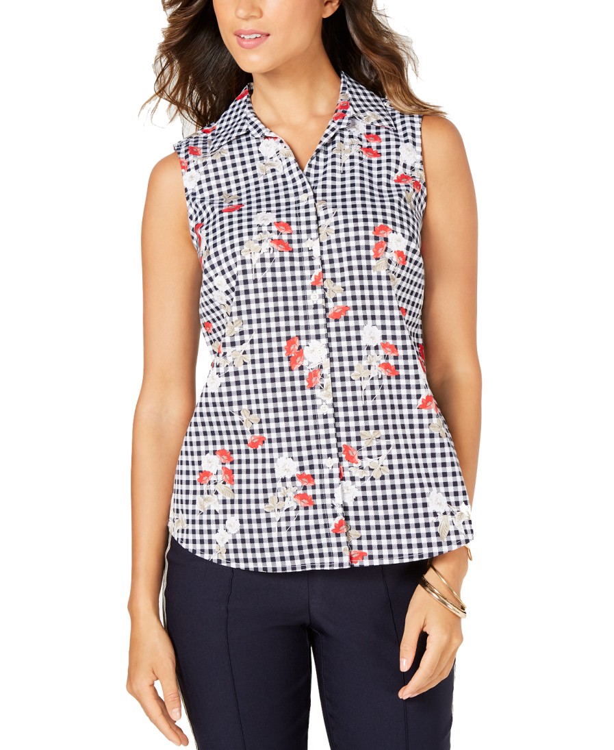 Women'S Charter Club | Sleeveless Floral Gingham Blouse Bright White Combo