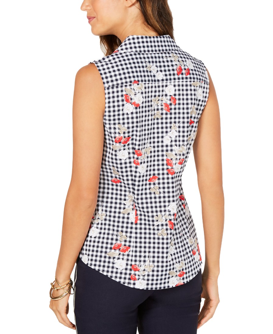 Women'S Charter Club | Sleeveless Floral Gingham Blouse Bright White Combo