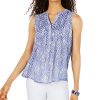 Women'S Charter Club | Sleeveless Printed Pintuck Blouse Intrepid Blue Combo