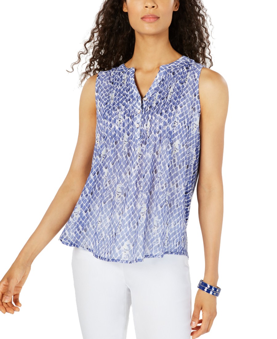 Women'S Charter Club | Sleeveless Printed Pintuck Blouse Intrepid Blue Combo