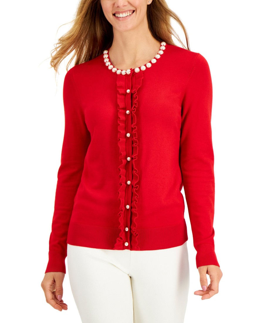 Women'S Charter Club | Ruffled-Front Cardigan Ravishing Red Combo