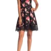 Women'S Donna Ricco | Floral-Print Crochet-Hem Fit & Flare Dress Black