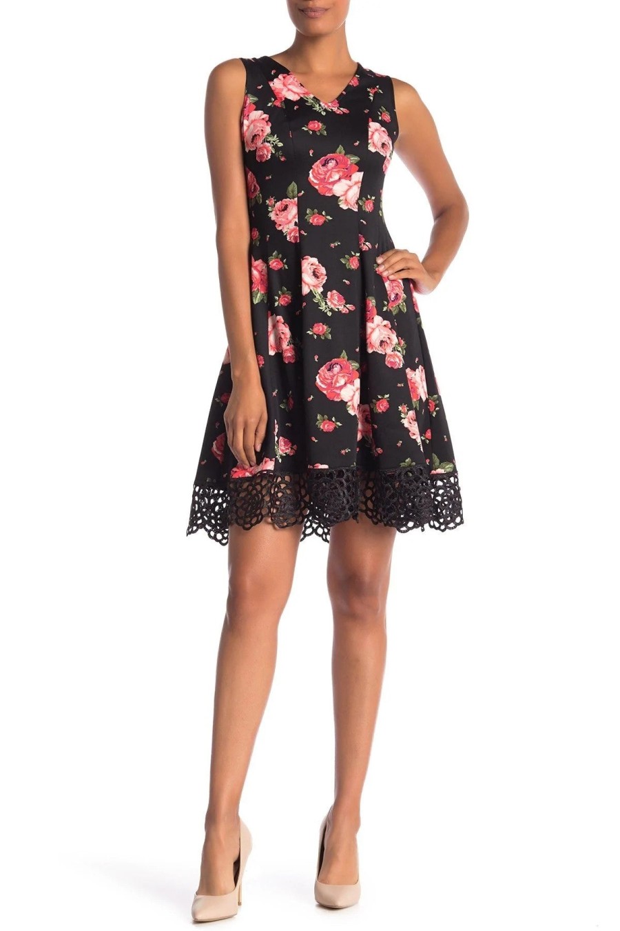 Women'S Donna Ricco | Floral-Print Crochet-Hem Fit & Flare Dress Black