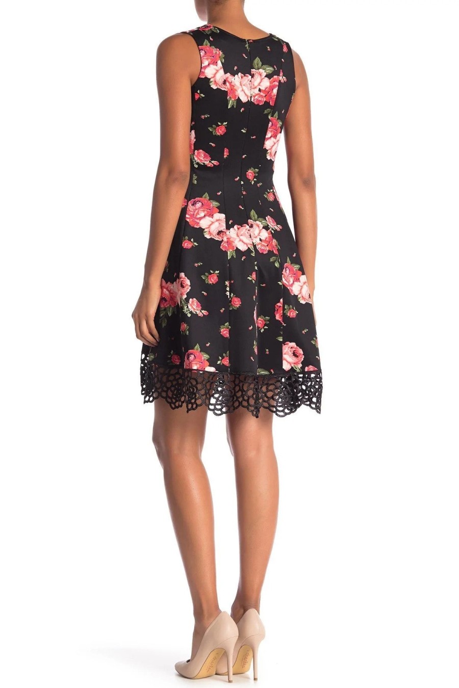 Women'S Donna Ricco | Floral-Print Crochet-Hem Fit & Flare Dress Black