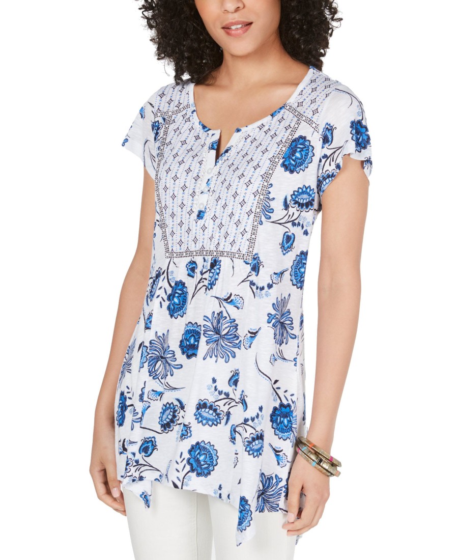 Women'S Style & Co | Mixed-Print Handkerchief-Hem Top